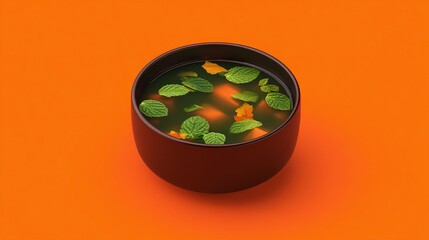 Minimal dark bowl with green vegetable soup and herbs on vibrant orange background, modern food styling for healthy eating or vegetarian cuisine concept