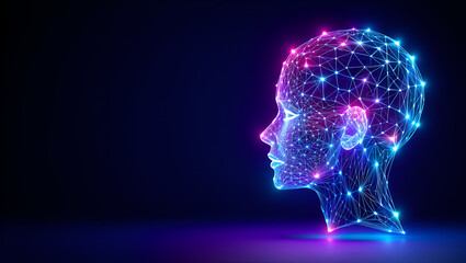 Abstract digital human profile with glowing connections in a dark background 