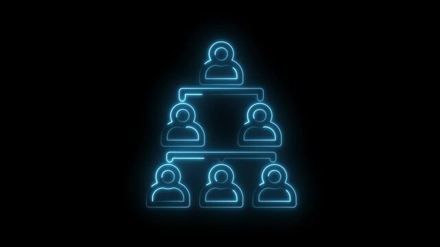 Glowing blue organization chart animation on black background depicting hierarchy and management structure