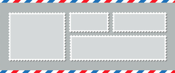 Empty stamps collection with different shapes. Postage perforated templates. Blank frames set for mail letter. Post stamps. Postal border. Paper postmarks isolated on background. Vector illustration.