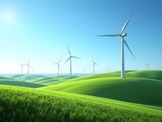 Wind Turbines on Green Hills Under Clear Blue Sky, Capturing Clean Energy