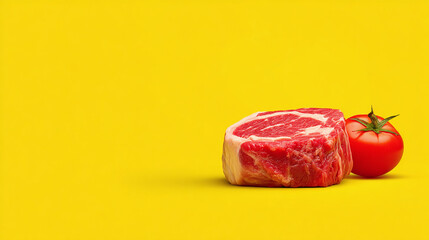 Fresh raw beef steak with red tomato on vibrant yellow background, bold high-contrast food composition for nutrition, culinary, or meat product design