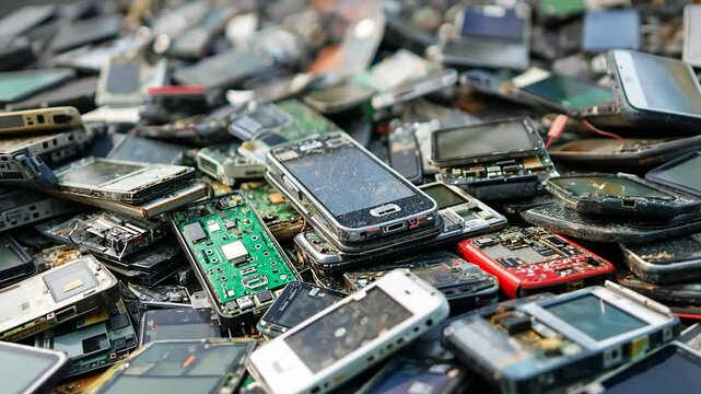 Pile of discarded cellphones awaiting recycling
