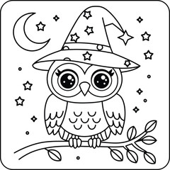 Cute Owl with Witch Hat Under the Moon Line Art Coloring Page