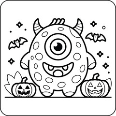 Fototapeta premium Cute Cyclops Monster with Pumpkins Line Art Halloween Coloring Page