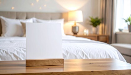 A cozy bedroom setup with a blank canvas on a wooden table inviting creativity, interior design inspiration, or product placement ideas