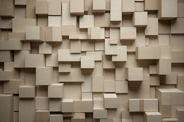 Abstract Geometric Wooden Squares in 3D Overlapping Pattern, Soft Neutral Tones with Depth and Texture