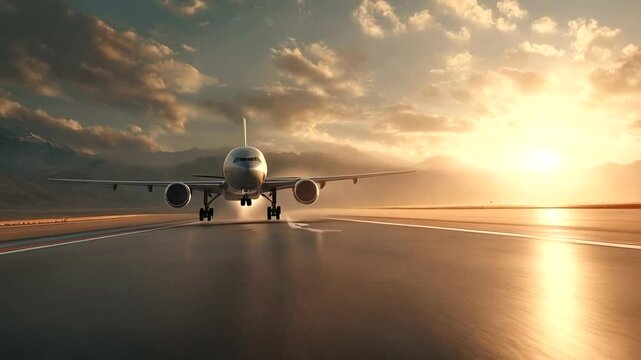 Commercial jet airplane landing at sunset on runway