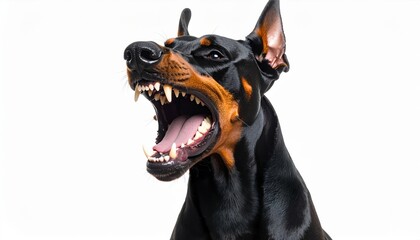 Aggressive Doberman showing teeth representing protection, danger, alertness, guard behavior or themes of personal safety and security threats