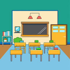Cartoon illustration of an empty classroom with desks and a blackboard
