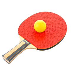 Ping pong paddle with a yellow ball isolated on white background for recreational sports and table tennis games