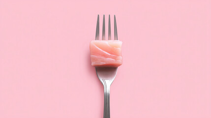 Single cube of raw pink fish on stainless fork over pastel pink background, minimal seafood concept for healthy cuisine or sushi design template