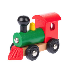 Fototapeta premium Colorful Wooden Toy Train with Green Engine Red Cabin Black Wheels and Natural Wood Base for Children?s Play and Decorative Nursery Decor
