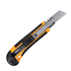 Close-up of a reliable utility retractable box cutter knife with a blade, safety features, ergonomic design, and easy blade change mechanism for precise cutting