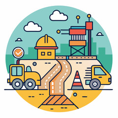 Fototapeta premium Stylized construction scene with trucks, crane, and a yellow hardhat house