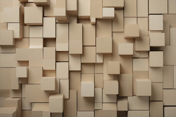 Abstract Geometric Wooden Squares in 3D Overlapping Pattern, Soft Neutral Tones with Depth and Texture