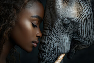 Human Animal Friendship Unusual Pairings, A powerful connection between a woman and an elephant, showcasing harmony and respect for nature in captivating detail.