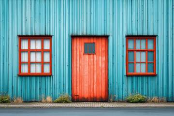 Trade Industrial Settings, A vibrant blue wall features a striking red door and two charming windows, offering an eye-catching blend of color and simplicity.