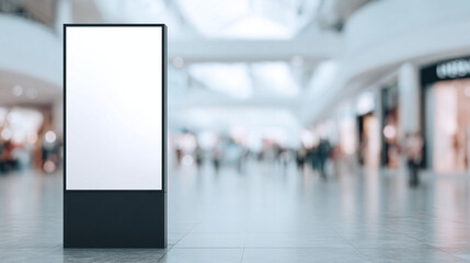 Vertical interactive kiosk mockup in shopping mall interior, blank digital display template for commercial advertising or branding with clean modern environment