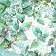 Seamless background mint and butterflies. hand drawn. Not AI, Vector illustration.