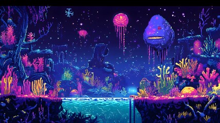 Colorful pixel art landscape with floating objects and glowing flora.