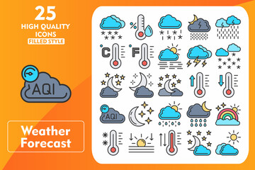 Weather Forecast Line Filled Icon Set. Incleded Icons Winter, Humidity, Sleet, Downpour, Heavy Rain, Celsius, Fahrenheit, Foggy Day, Thunderbolt. Vector Icons Collection