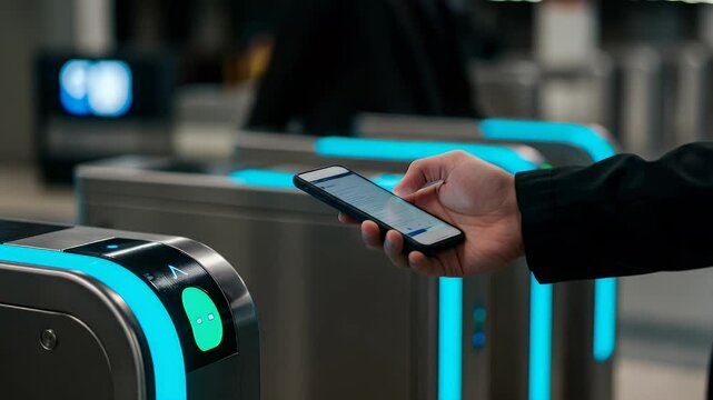 Person using a smartphone at a modern, automated turnstile