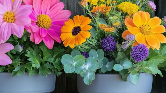 Colorful flower pots with vibrant blooms, suitable for indoor and outdoor gardening. Perfect for summer decor or a lively touch to any space.