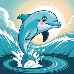 Obraz premium A playful cartoon dolphin leaping through ocean waves under a bright sunny sky in a dynamic illustration
