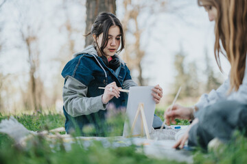 A fun outdoor art activity as friends come together in a serene green park, painting on easels amidst fresh nature and sunlight. Perfect for depicting creativity, friendship, and relaxation in nature.