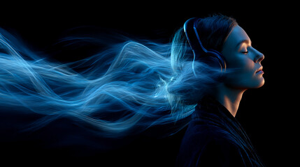 Woman wearing headphones, blue light trails flowing from her hair, symbolic of immersive music experience, relaxation, and tranquility