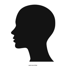 Head silhouette in black and white, a simple representation for profile, with space for copy