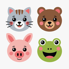 Adorable cartoon animal faces featuring cat bear pig and frog illustrations for childrens design and creative projects