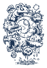 Fototapeta premium Modern Hand Drawn Illustration of Playful Cartoon Monsters and Creatures