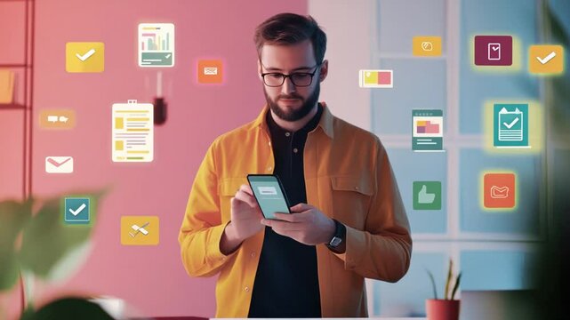 Focused professional using modern smartphone for tasks management with digital icons