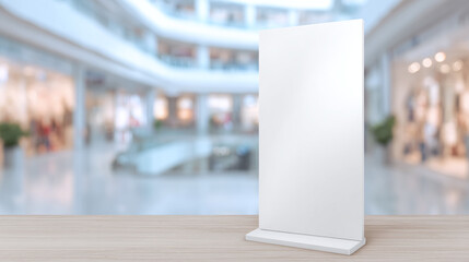 Vertical white advertising mockup stand in shopping mall interior, clean blank display for branding or commercial design with soft blur background