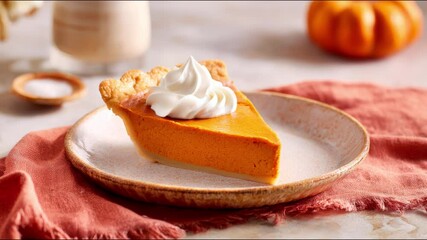 A slice of delectable pumpkin pie adorned with whipped cream. - Powered by Adobe