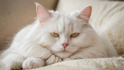 Relaxed white cat confidently lying down, displaying calmness, and smooth fur texture indoors. Perfect image for concepts of comfort, tranquility, and elegance of pets.