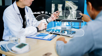 Doctor and patient discussing medical data with futuristic health interface overlay. Ideal for smart healthcare, diagnostics, AI in medicine