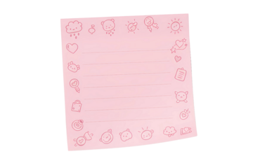 A whimsical handwritten note with colorful doodles, stars, and smiley faces on a pink background, perfect for personal journaling, creative storytelling, or educational materials, on transparent 