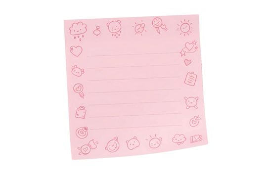 A whimsical handwritten note with colorful doodles, stars, and smiley faces on a pink background, perfect for personal journaling, creative storytelling, or educational materials, on transparent 