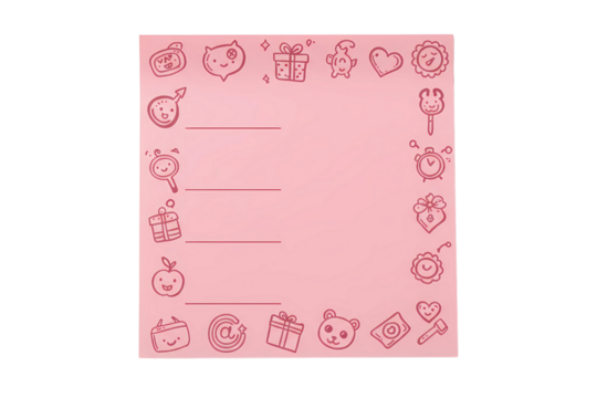 A playful handwritten note filled with various symbols, emojis, and doodles on a pink background, suitable for creative projects, personal journals, or educational content, isolated PNG on transparent