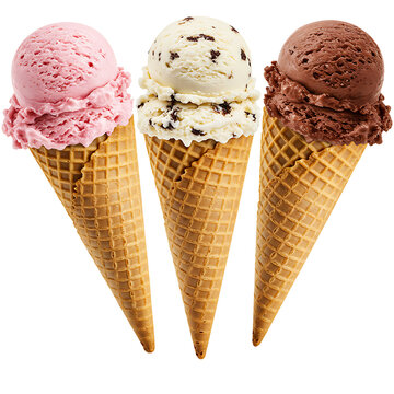 Ice Cream Cone Trio &ndash; Strawberry, Vanilla, Chocolate Scoops in Waffle Cones Isolated on White