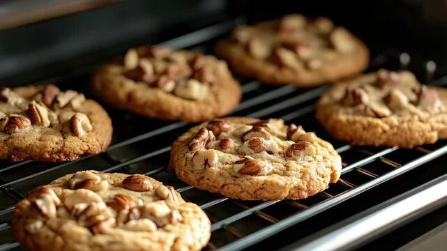 A plate of delicious pecan cookies fresh from the oven, ready to be enjoyed. Perfect for snacking or dessert.