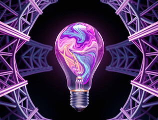 Light bulb with neon lights, abstract glowing background, digital illustration, Ai generated image 