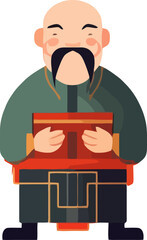 Illustration of a wise scholar holding a book with a kind expression, set in a traditional Asian style