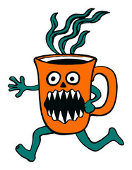 Whimsical Orange Coffee Cup Character with Cartoonish Features Running