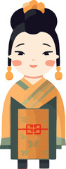 Chinese woman in traditional dress with colorful accessories standing against a plain background