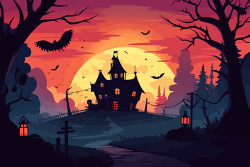 Haunted mansion silhouette under a vibrant sunset with bats flying and trees lining the path