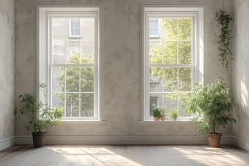 Fototapeta premium Sunlit room with large windows and indoor plants
